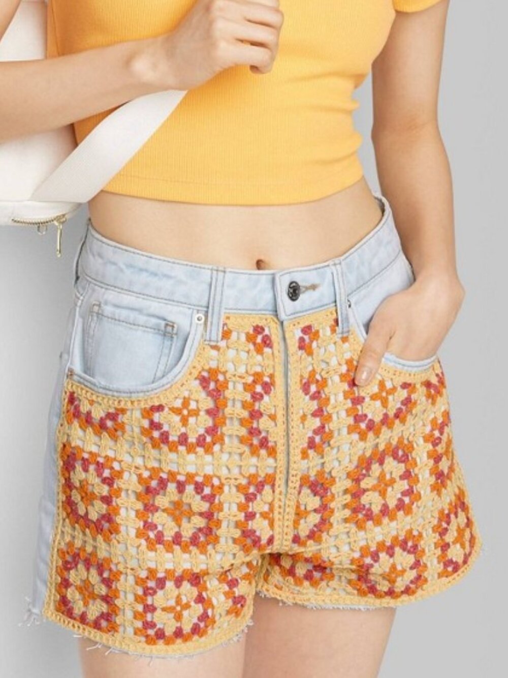 NWT Wild Fable Highest Rise Denim Shorts 8/29 Yellow Orange Crochet Floral Boho